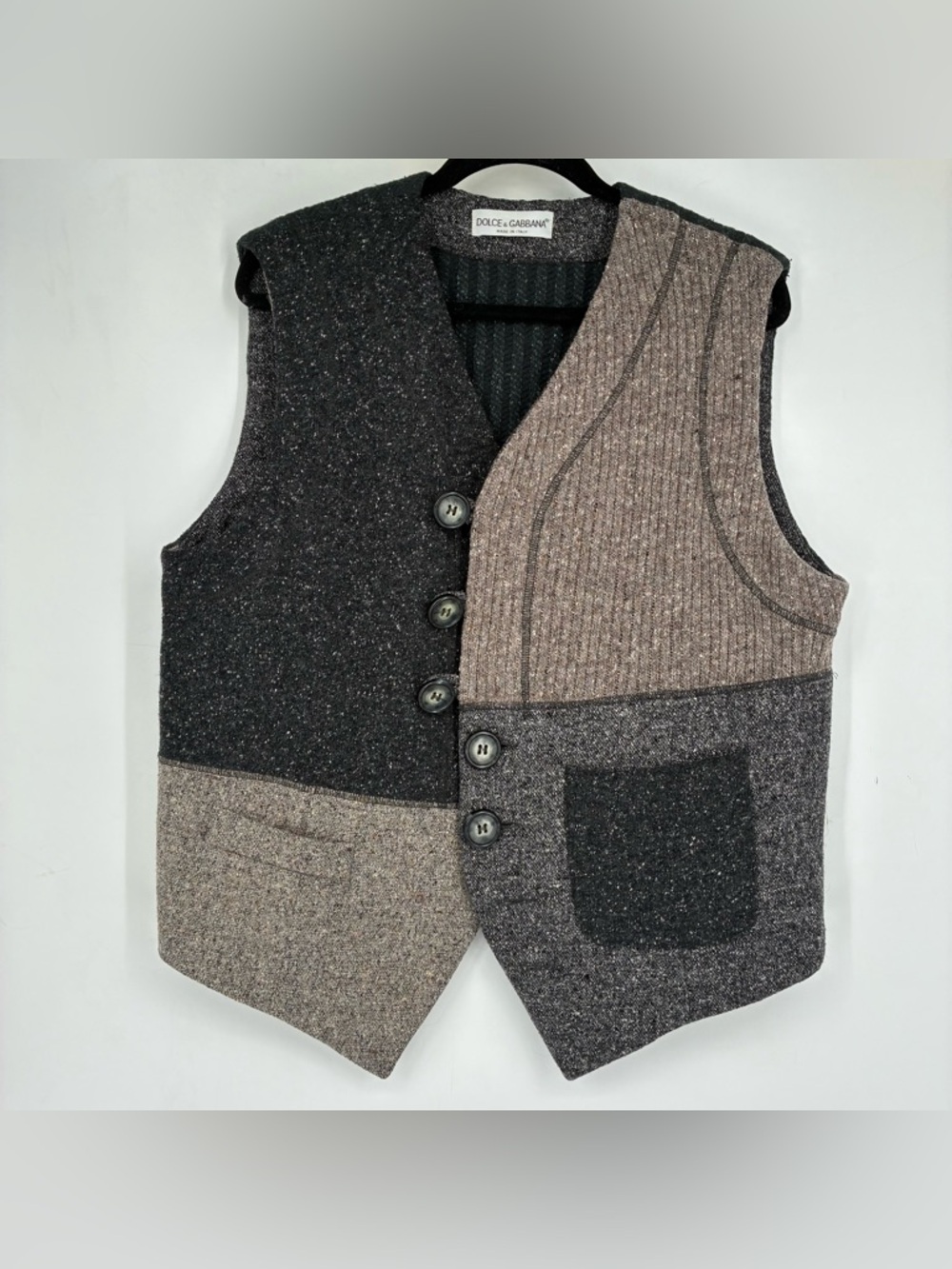 Vintage 90s Dolce & Gabbana Medium Wool Tweed Patchwork Blazer Vest Jacket Italy